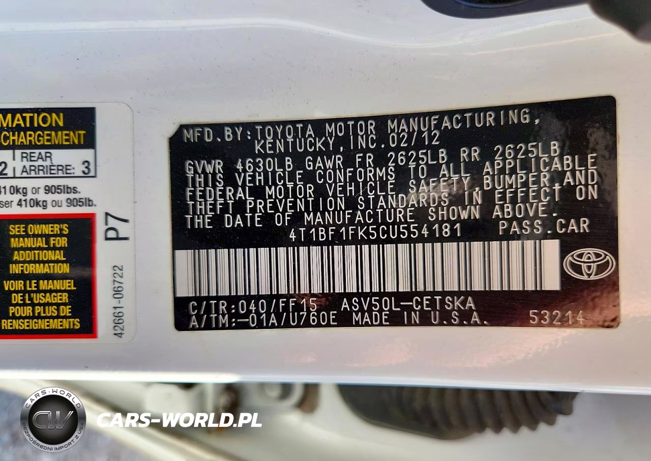 2012 Toyota Camry Se VIN:4T1BF1FK5CU554181 - 12