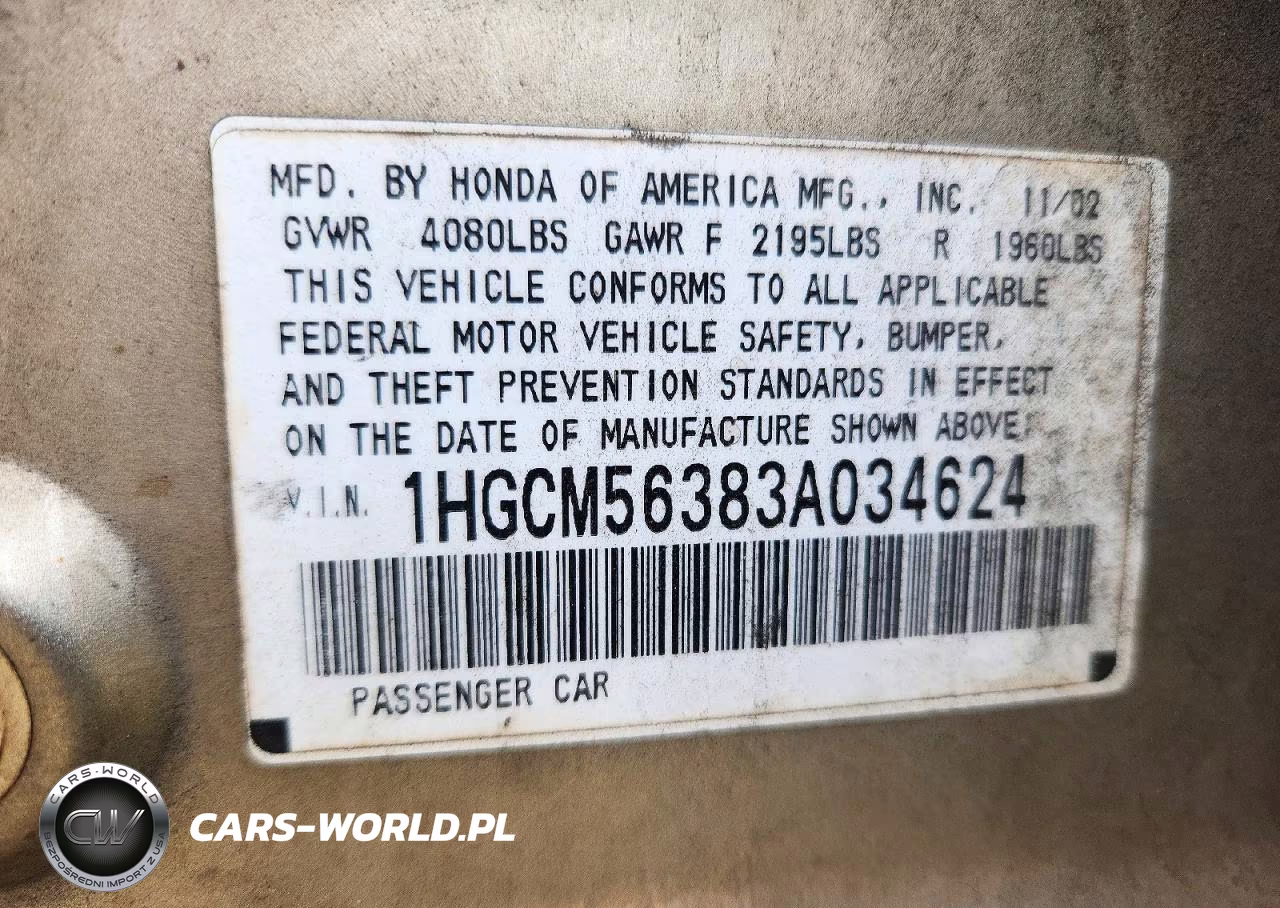 2003 Honda Accord Lx VIN:1HGCM56383A034624 - 12