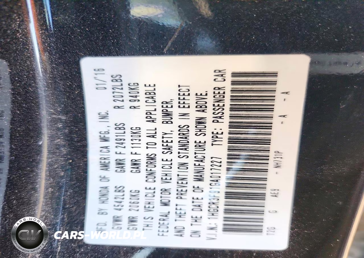 2016 Honda Accord Touring VIN:1HGCR3F91GA017227 - 12