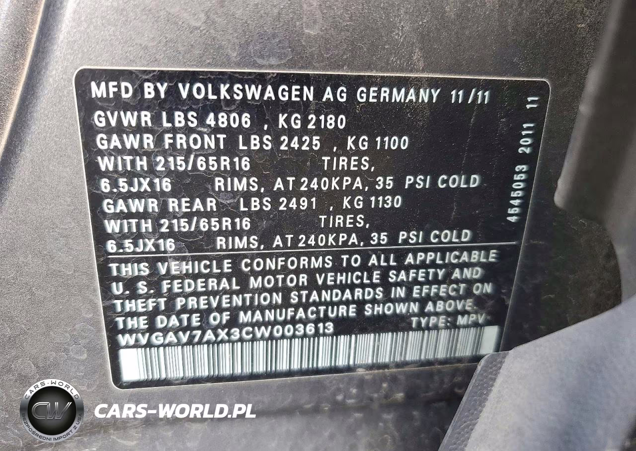 2012 Volkswagen Tiguan S VIN:WVGAV7AX3CW003613 - 13