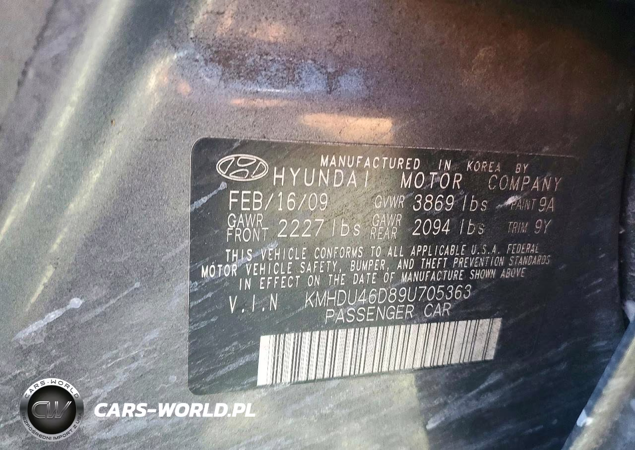 2009 Hyundai Elantra Gls VIN:KMHDU46D89U705363 - 12