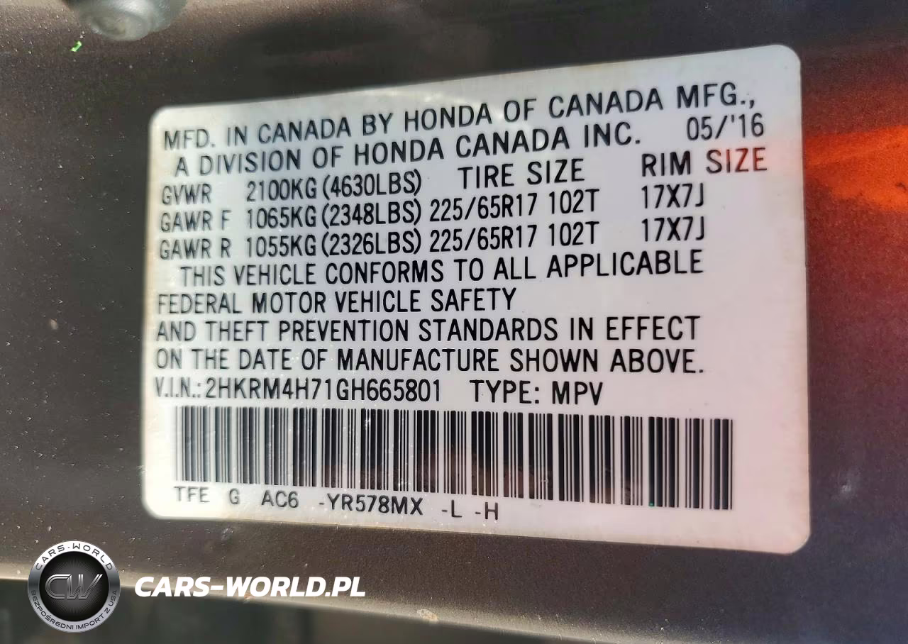 2016 Honda Cr-V Exl VIN:2HKRM4H71GH665801 - 13