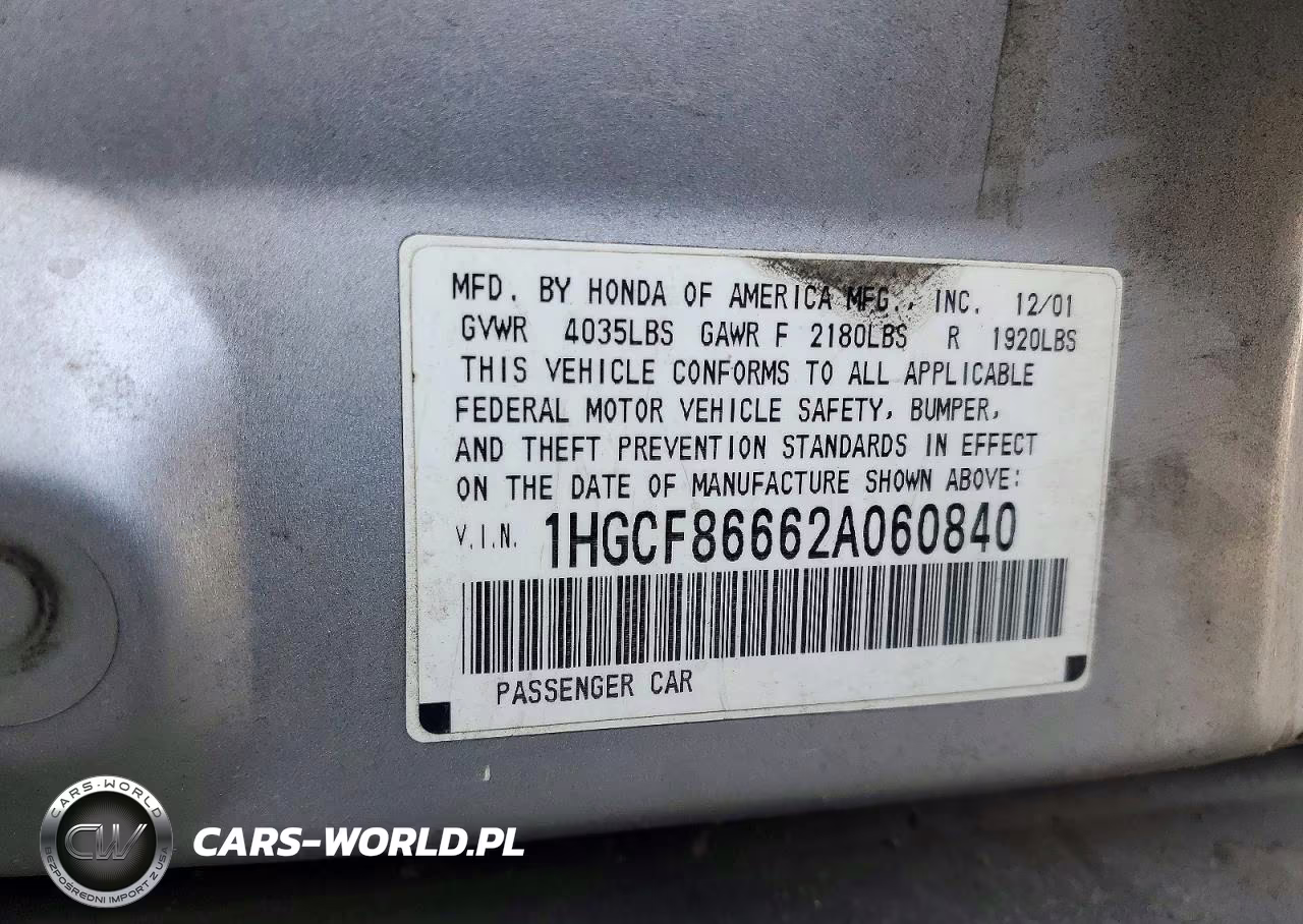 2002 Honda Accord Value VIN:1HGCF86662A060840 - 12