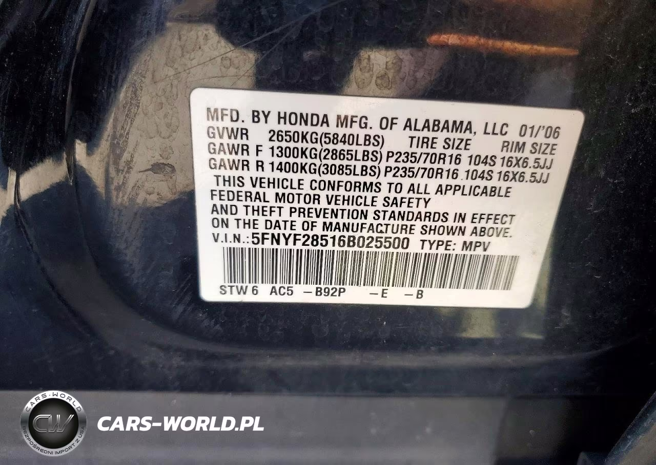 2006 Honda Pilot Ex VIN:5FNYF28516B025500 - 12
