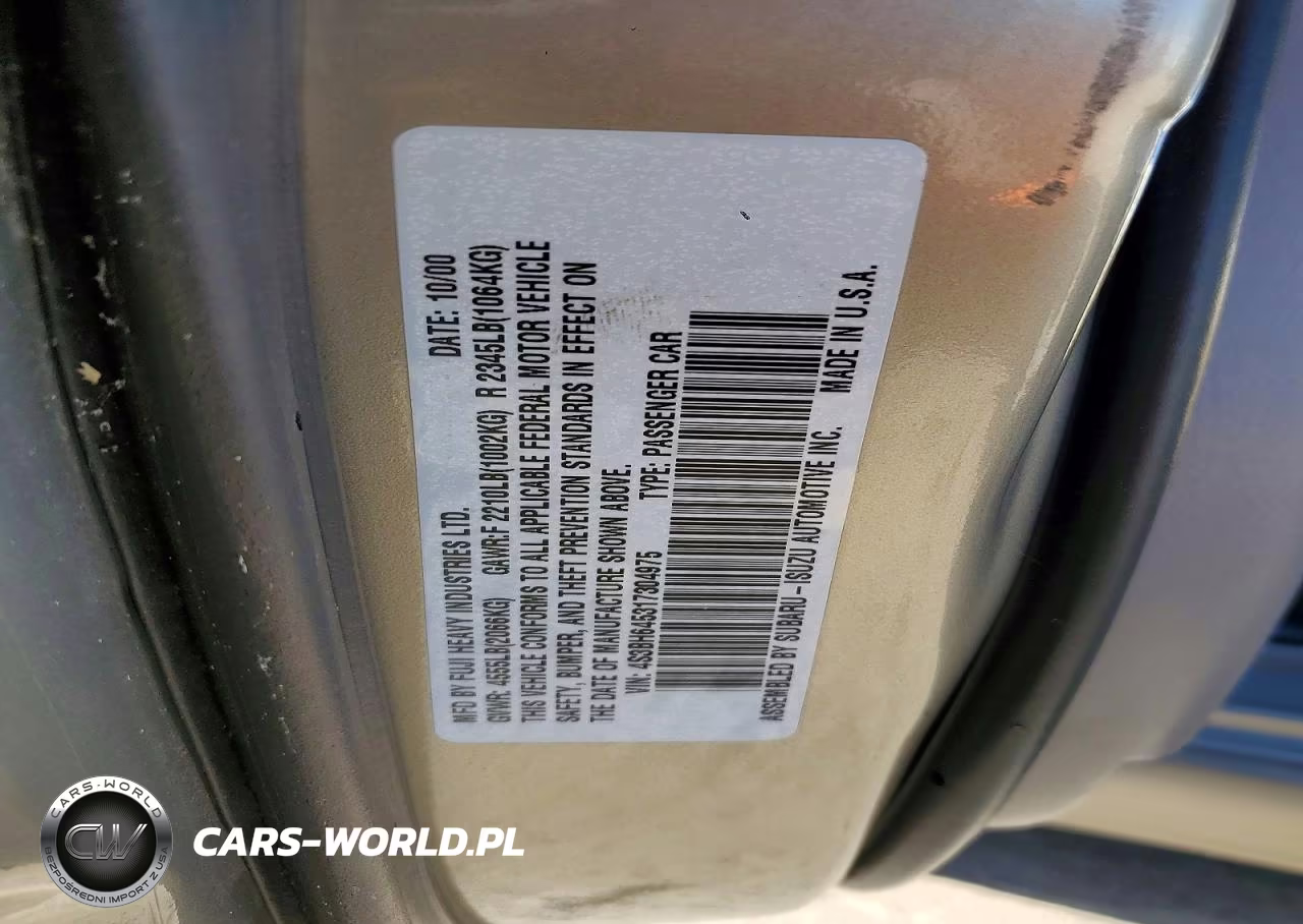 2001 Subaru Legacy Gt VIN:4S3BH645317304975 - 12