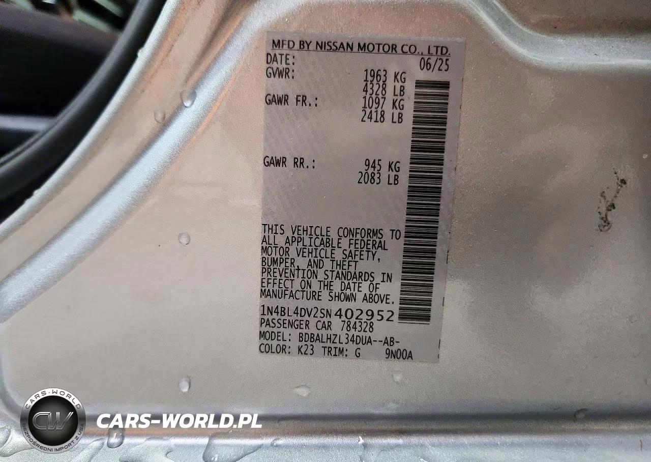 2025 Nissan Altima Sv VIN:1N4BL4DV2SN402952 - 12