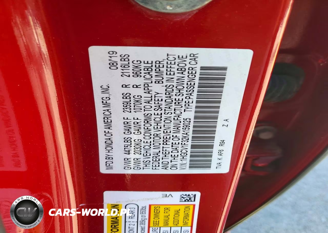 2019 Honda Accord Sport VIN:1HGCV1F32KA159025 - 12