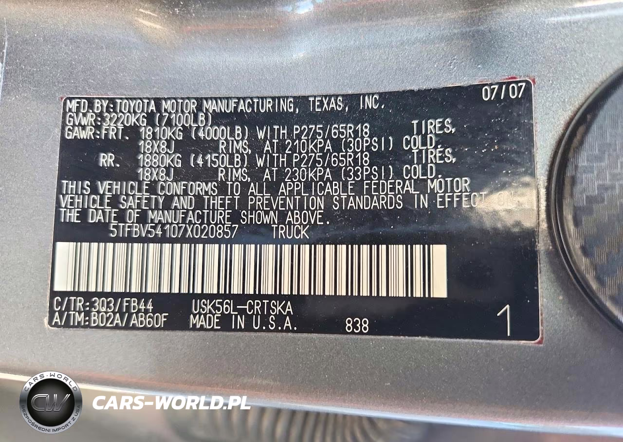 2007 Toyota Tundra Sr5 VIN:5TFBV54107X020857 - 12