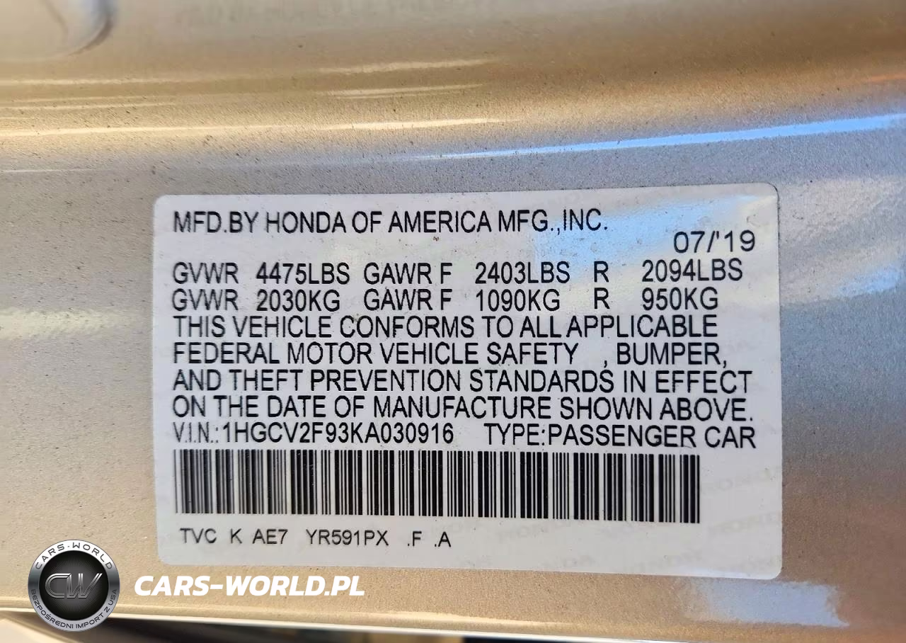 2019 Honda Accord Touring VIN:1HGCV2F93KA030916 - 12