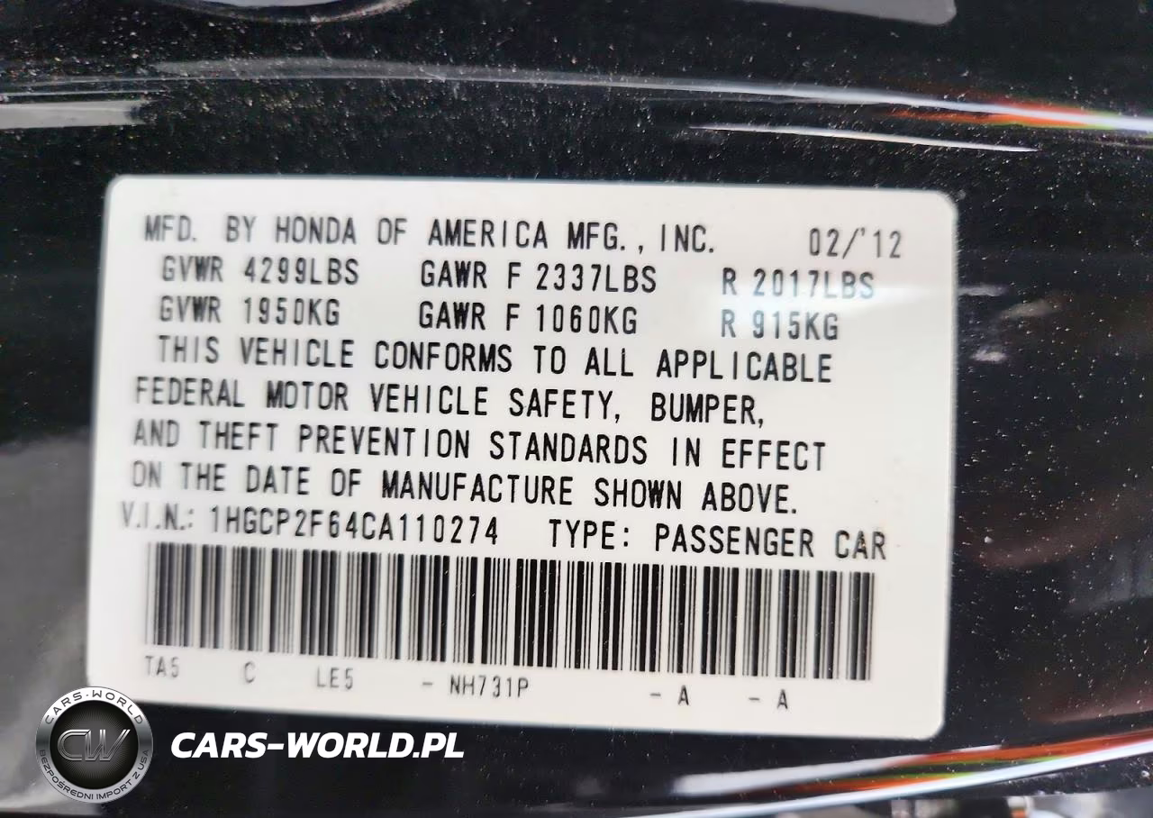 2012 Honda Accord Se VIN:1HGCP2F64CA110274 - 12