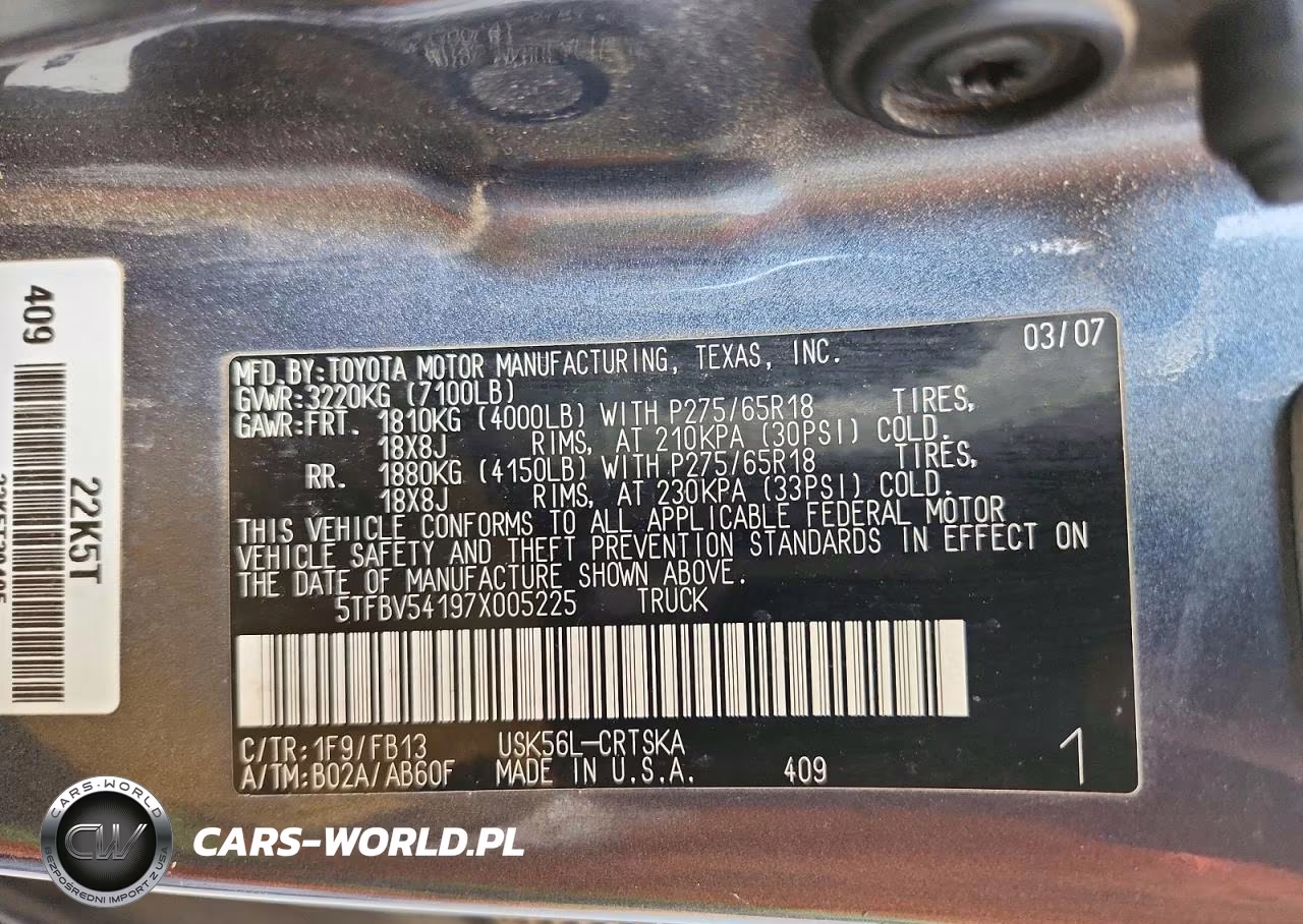 2007 Toyota Tundra Sr5 VIN:5TFBV54197X005225 - 12