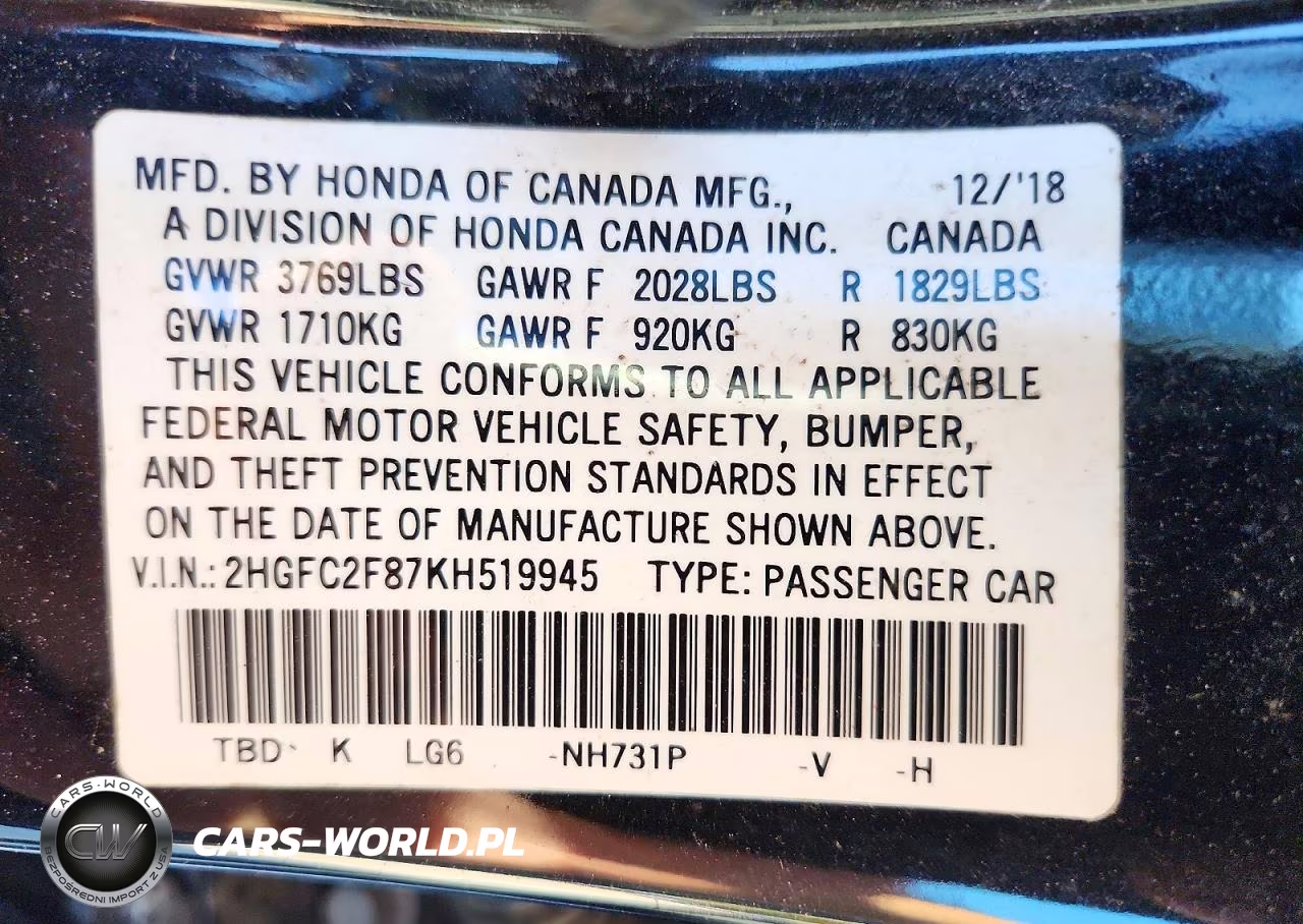 2019 Honda Civic Sport VIN:2HGFC2F87KH519945 - 12