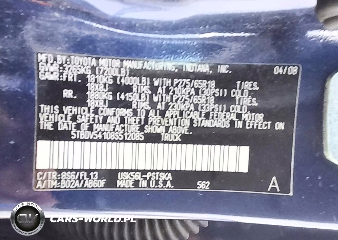 2008 Toyota Tundra Grade VIN:5TBDV54108S512085 - 12