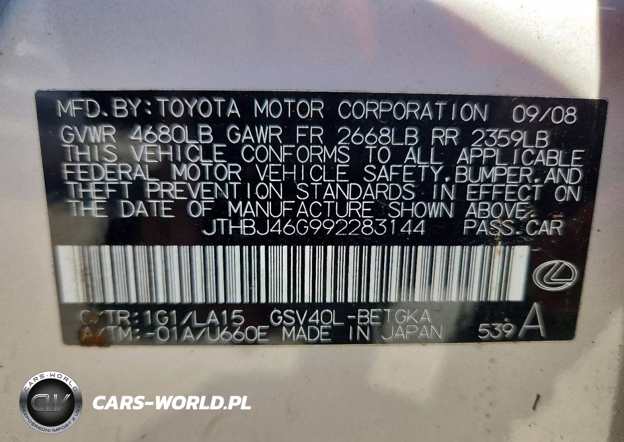 2009 Lexus Es 350 VIN:JTHBJ46G992283144 - 12