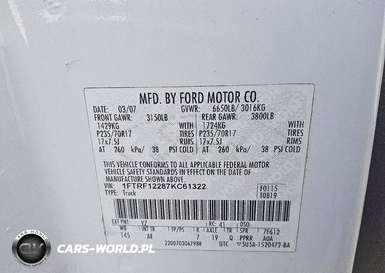 2007 Ford F150 VIN:1FTRF12287KC61322 - 12