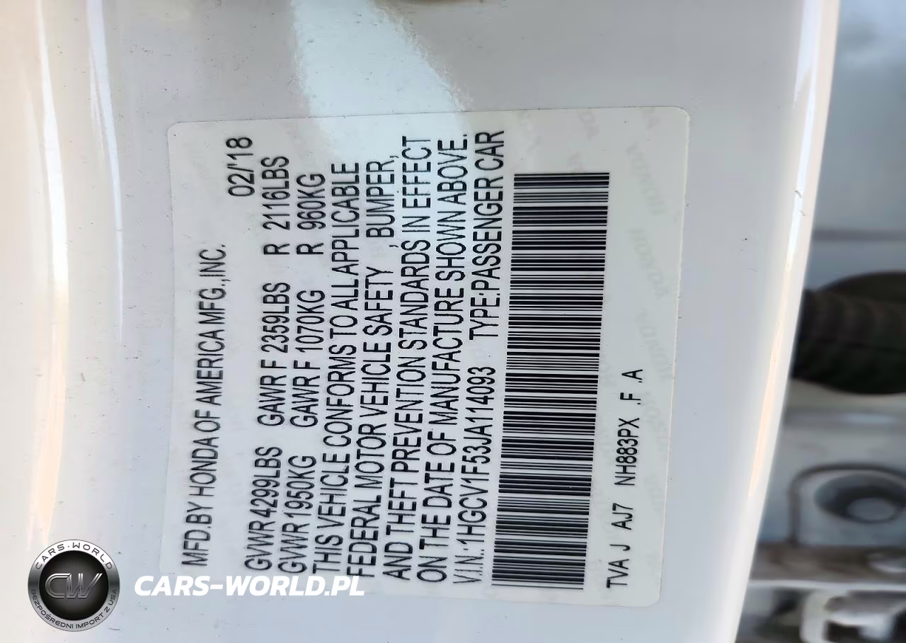 2018 Honda Accord Exl VIN:1HGCV1F53JA114093 - 12