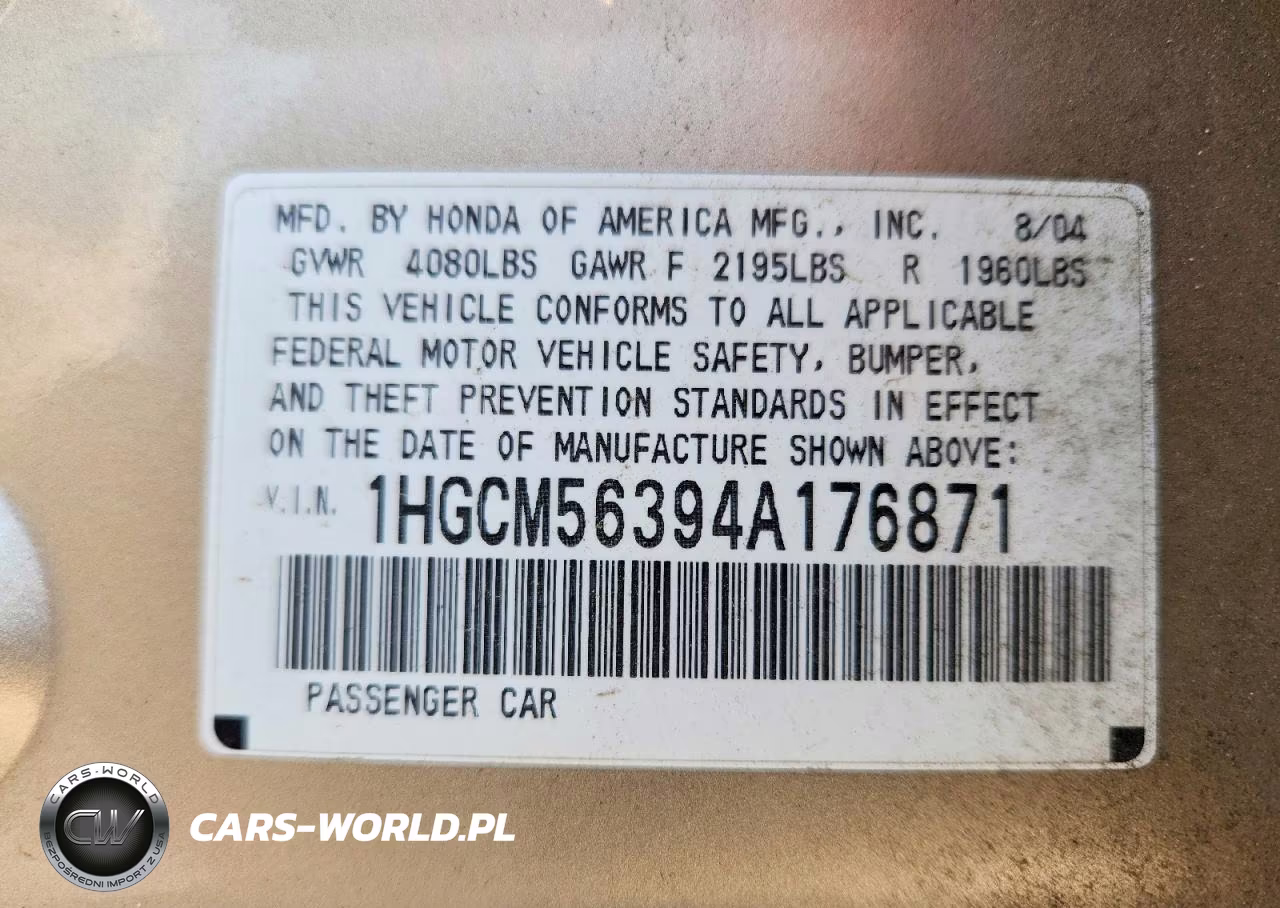 2004 Honda Accord Lx VIN:1HGCM56394A176871 - 13