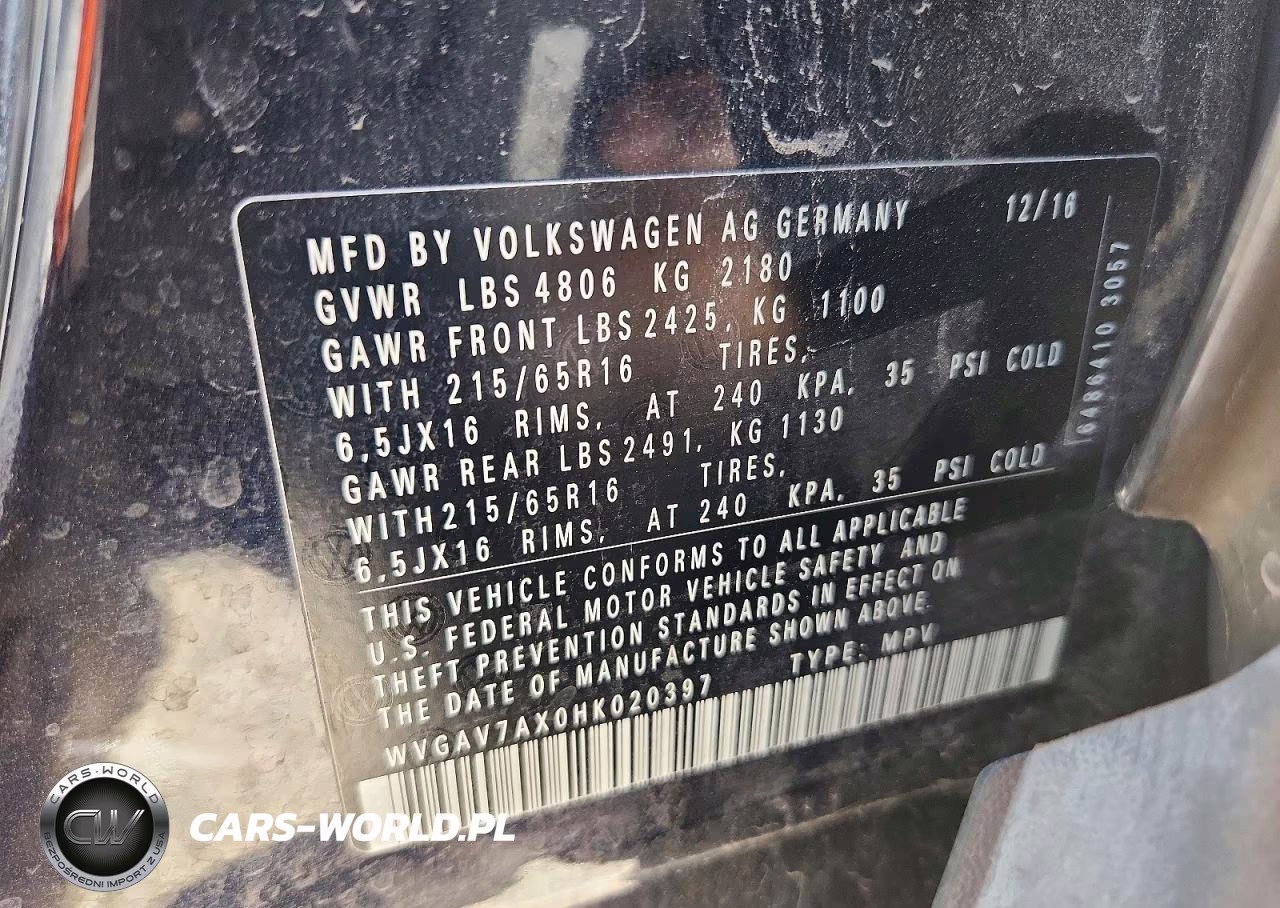 2017 Volkswagen Tiguan S VIN:WVGAV7AX0HK020397 - 13