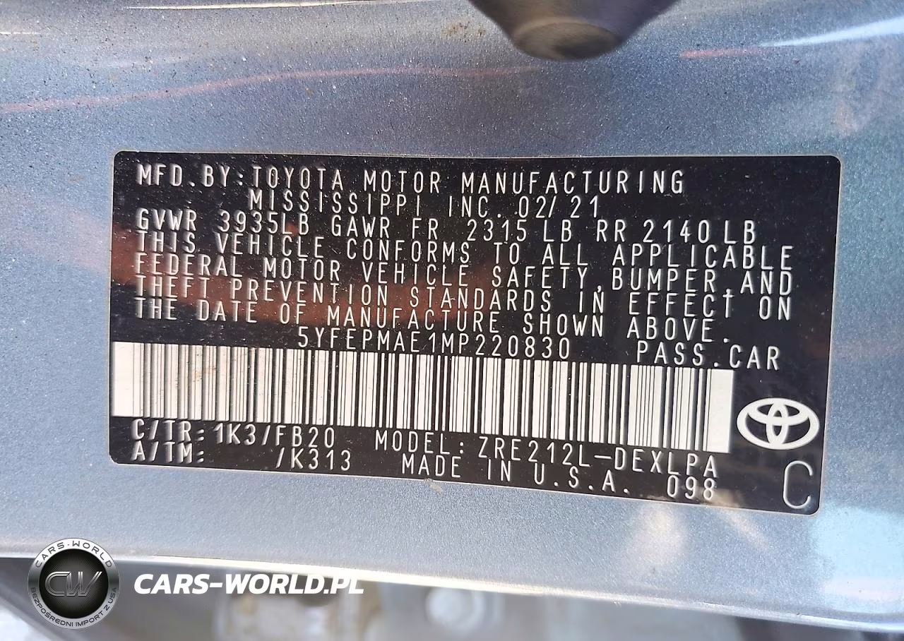 2021 Toyota Corolla Le VIN:5YFEPMAE1MP220830 - 12