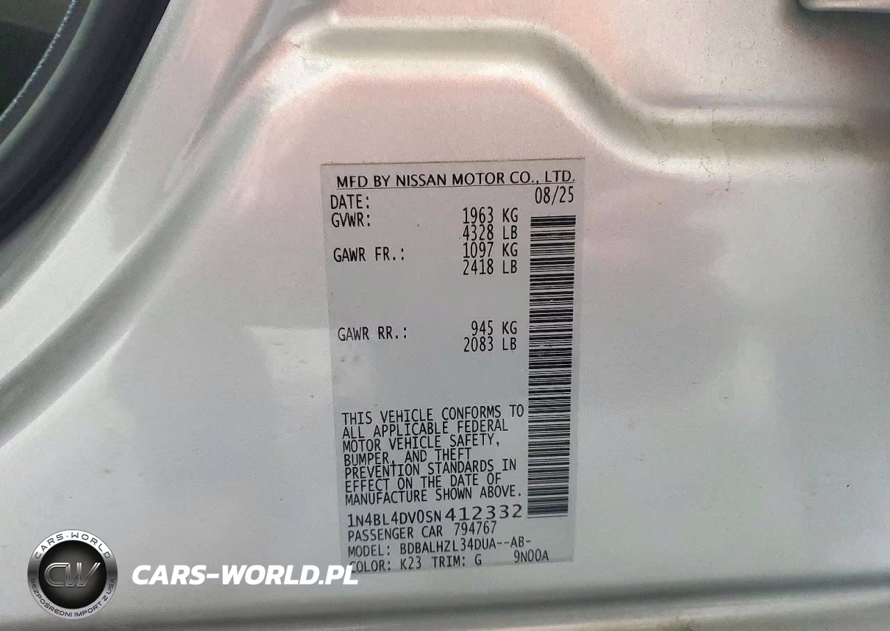 2025 Nissan Altima Sv VIN:1N4BL4DV0SN412332 - 12