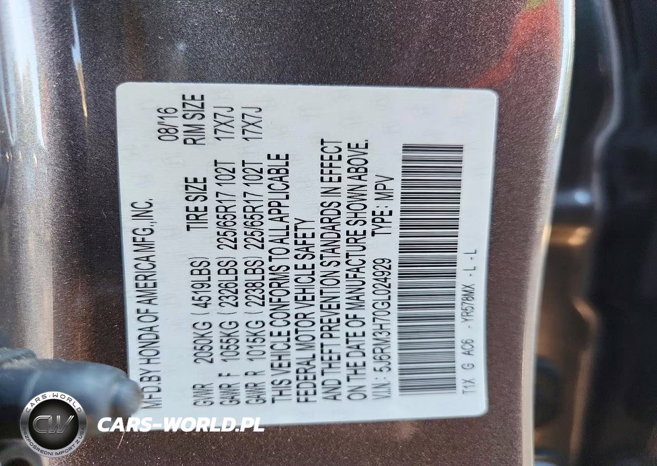 2016 Honda Cr-V Exl VIN:5J6RM3H70GL024929 - 14