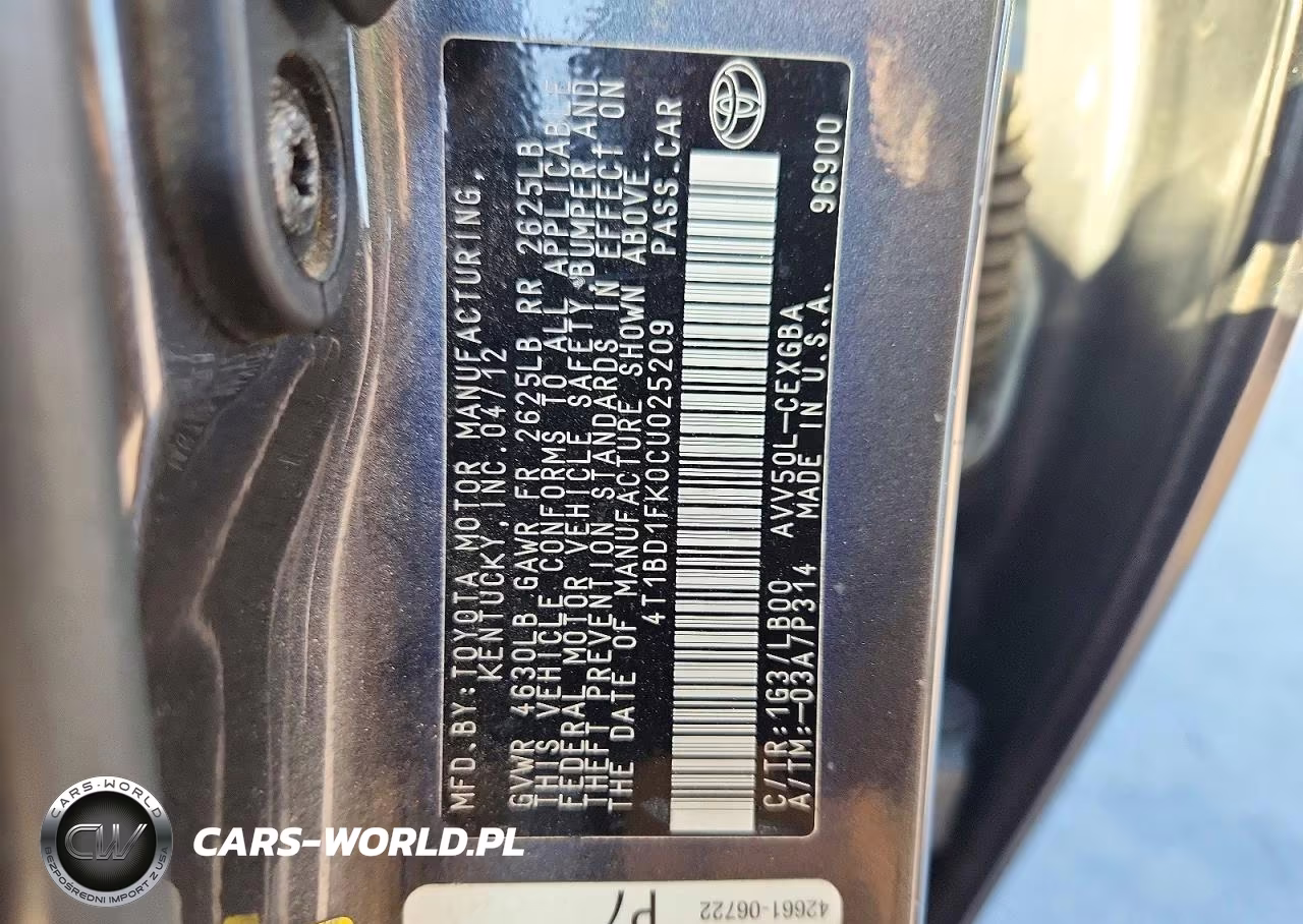 2012 Toyota Camry Hybrid Xle VIN:4T1BD1FK0CU025209 - 12