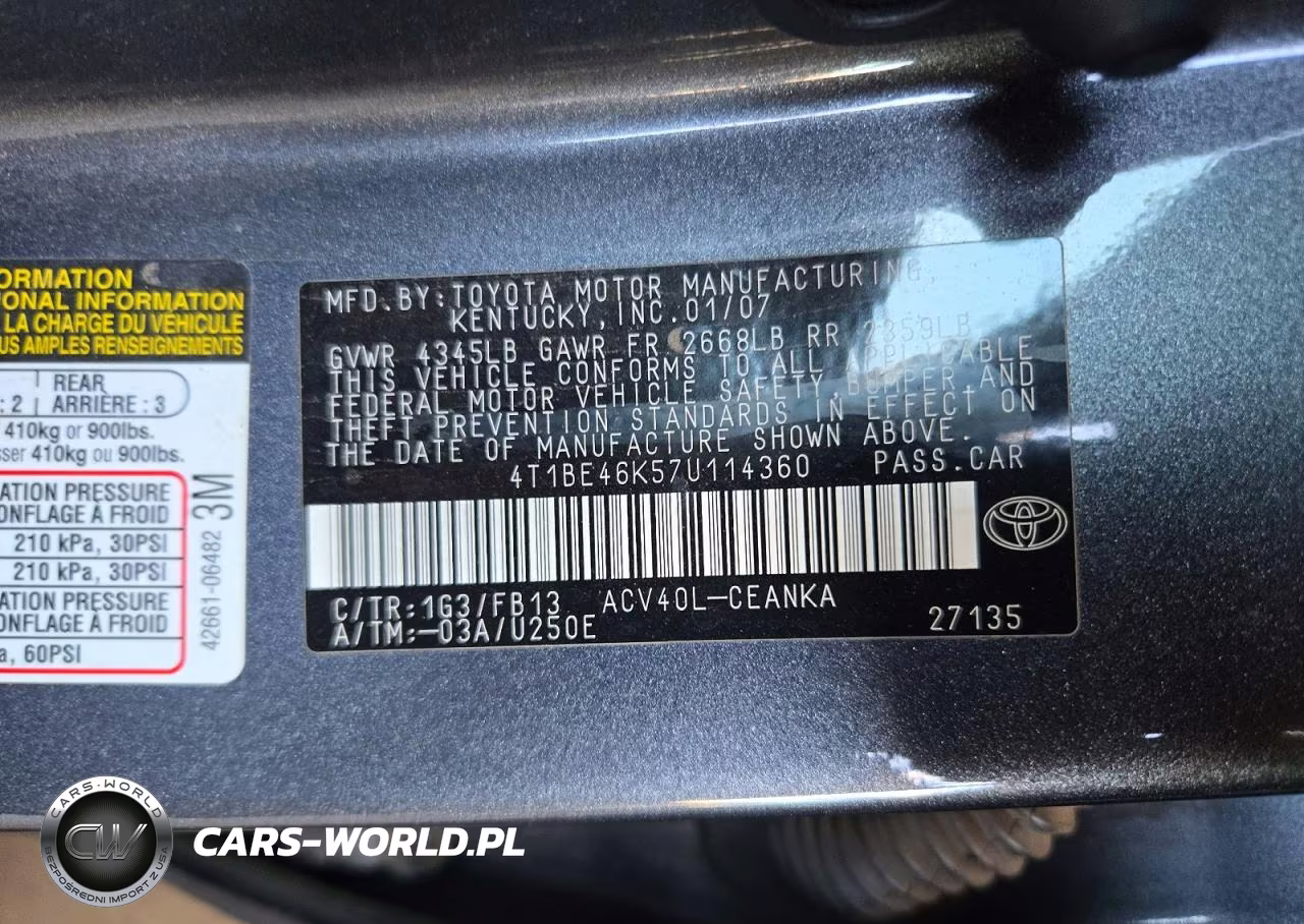 2007 Toyota Camry Le VIN:4T1BE46K57U114360 - 12