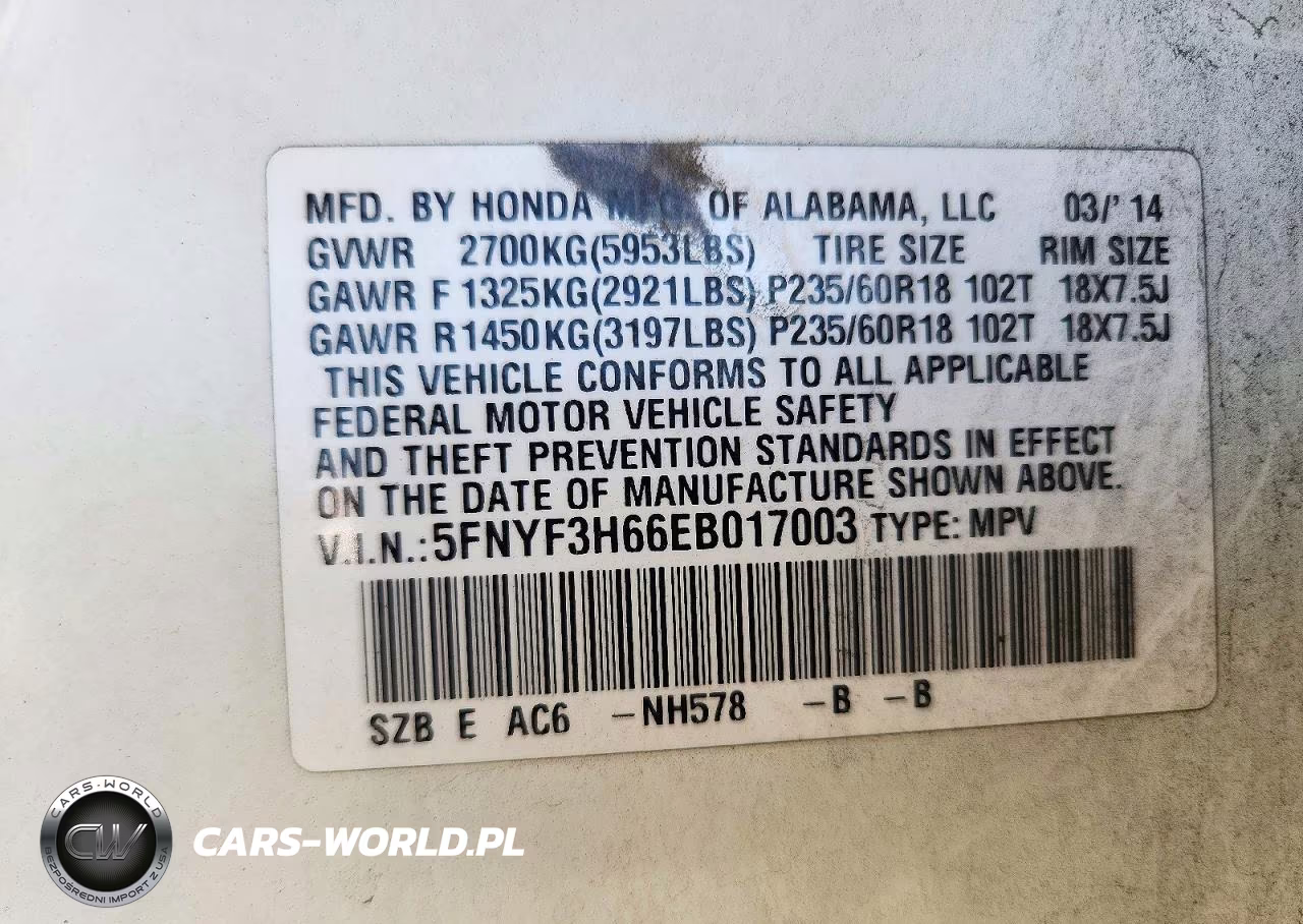 2014 Honda Pilot Exl VIN:5FNYF3H66EB017003 - 13