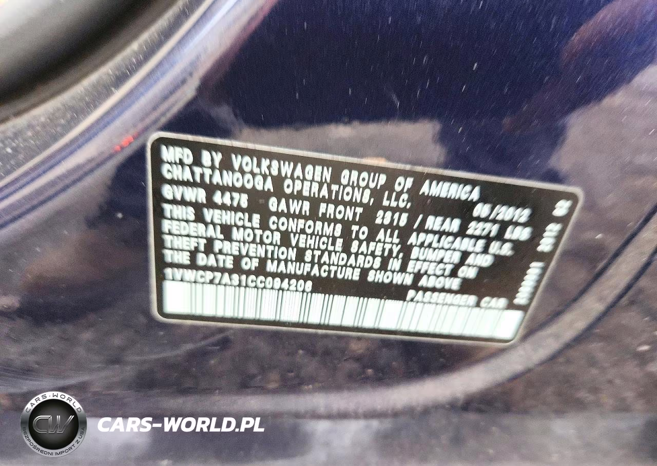 2012 Volkswagen Passat Sel VIN:1VWCP7A31CC094206 - 12