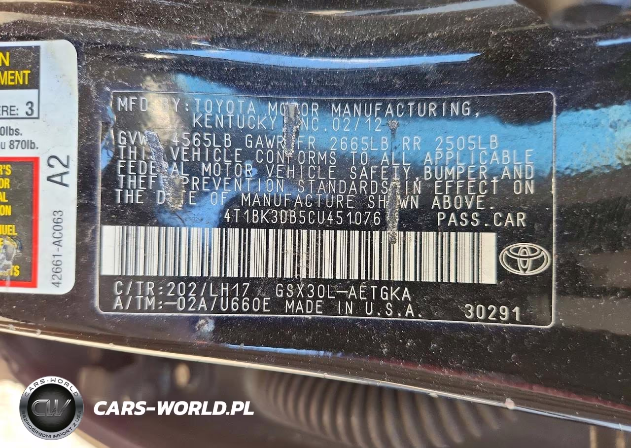 2012 Toyota Avalon Base VIN:4T1BK3DB5CU451076 - 12