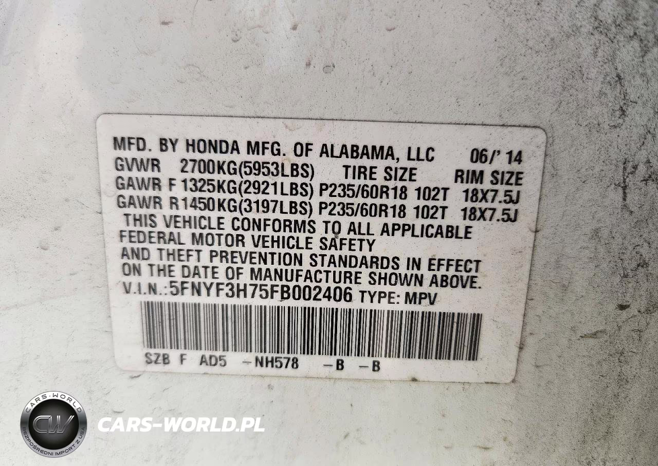 2015 Honda Pilot Exln VIN:5FNYF3H75FB002406 - 13