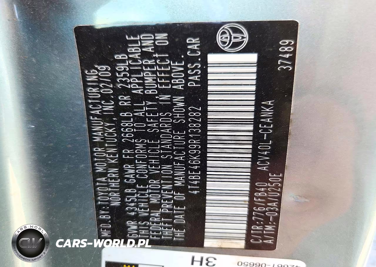 2009 Toyota Camry Le VIN:4T4BE46K99R138282 - 12