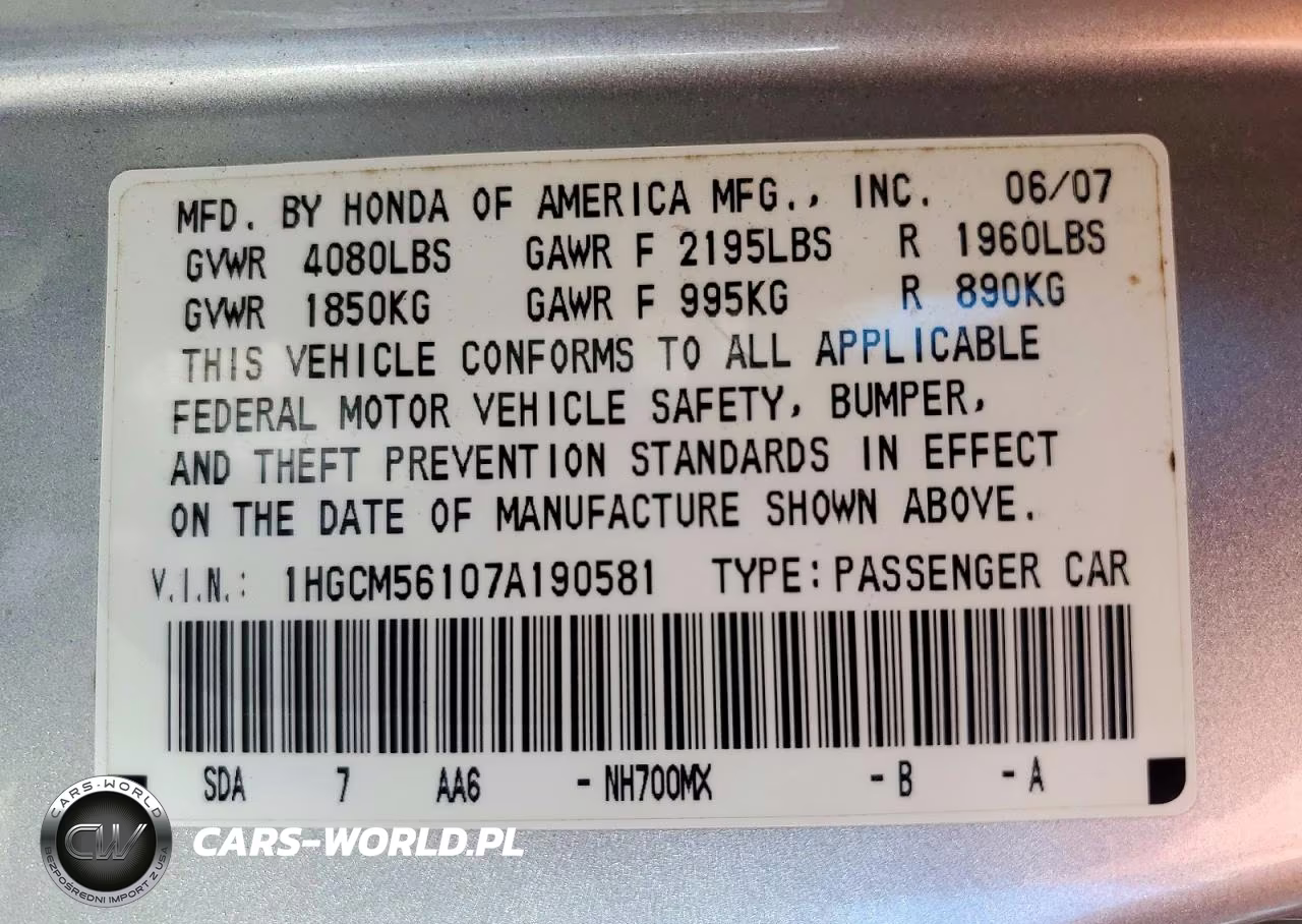 2007 Honda Accord Value VIN:1HGCM56107A190581 - 12