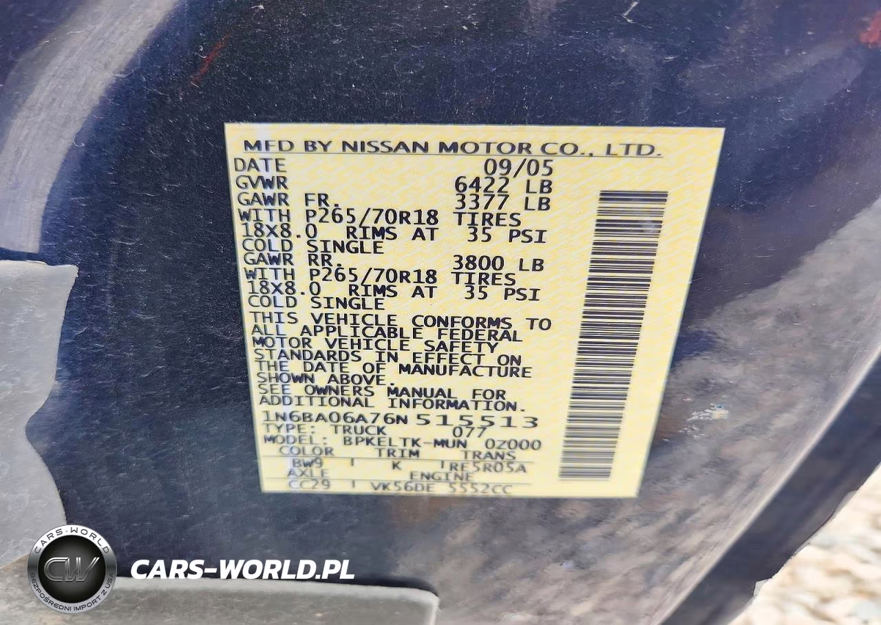 2006 Nissan Titan Xe Ffv VIN:1N6BA06A76N515513 - 12