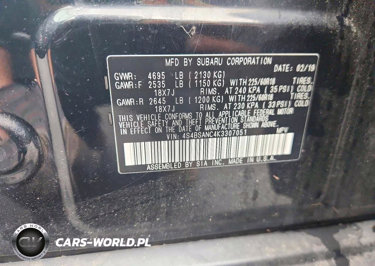 2019 Subaru Outback 2.5I Limited VIN:4S4BSANC4K3307051 - 13