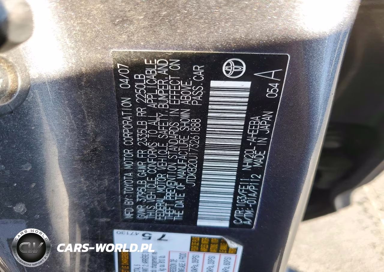 2007 Toyota Prius Base VIN:JTDKB20U173261888 - 12