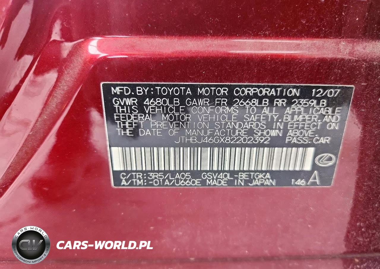 2008 Lexus Es 350 VIN:JTHBJ46GX82202392 - 12