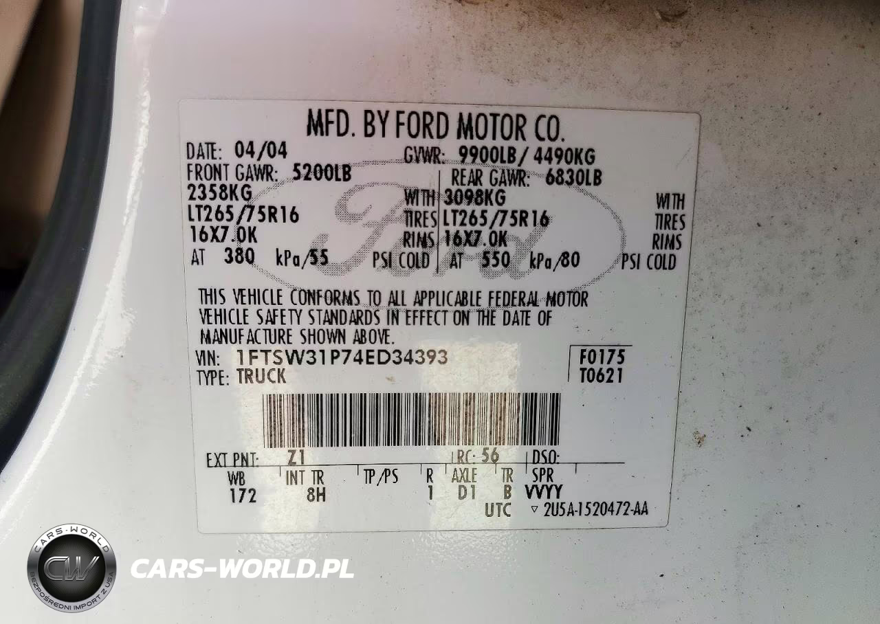 2004 Ford F350 Srw Super Duty VIN:1FTSW31P74ED34393 - 12