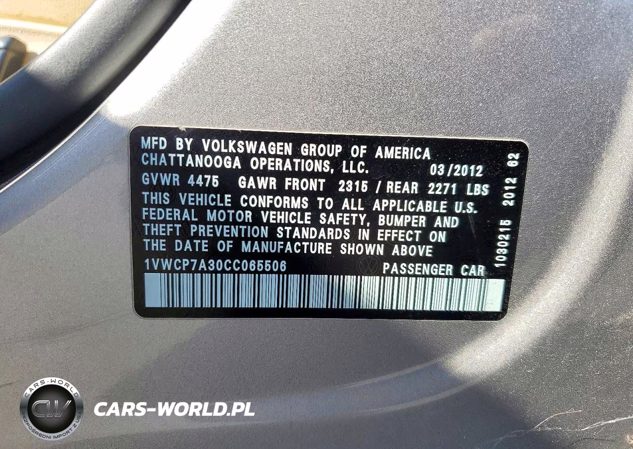 2012 Volkswagen Passat Sel VIN:1VWCP7A30CC065506 - 12