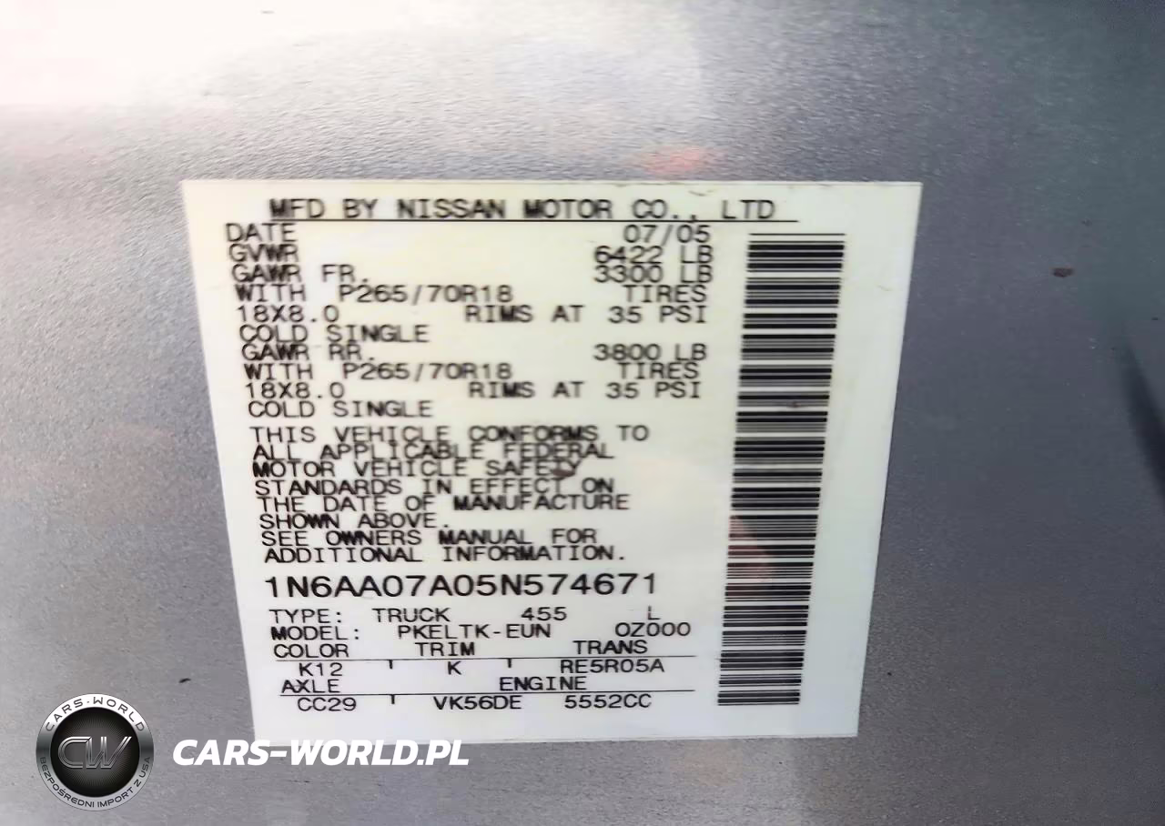 2005 Nissan Titan Xe VIN:1N6AA07A05N574671 - 12