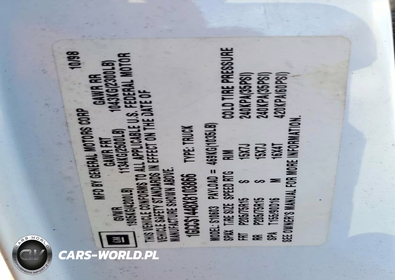 1999 Chevrolet S S14 VIN:1GCCS1448X8103866 - 12