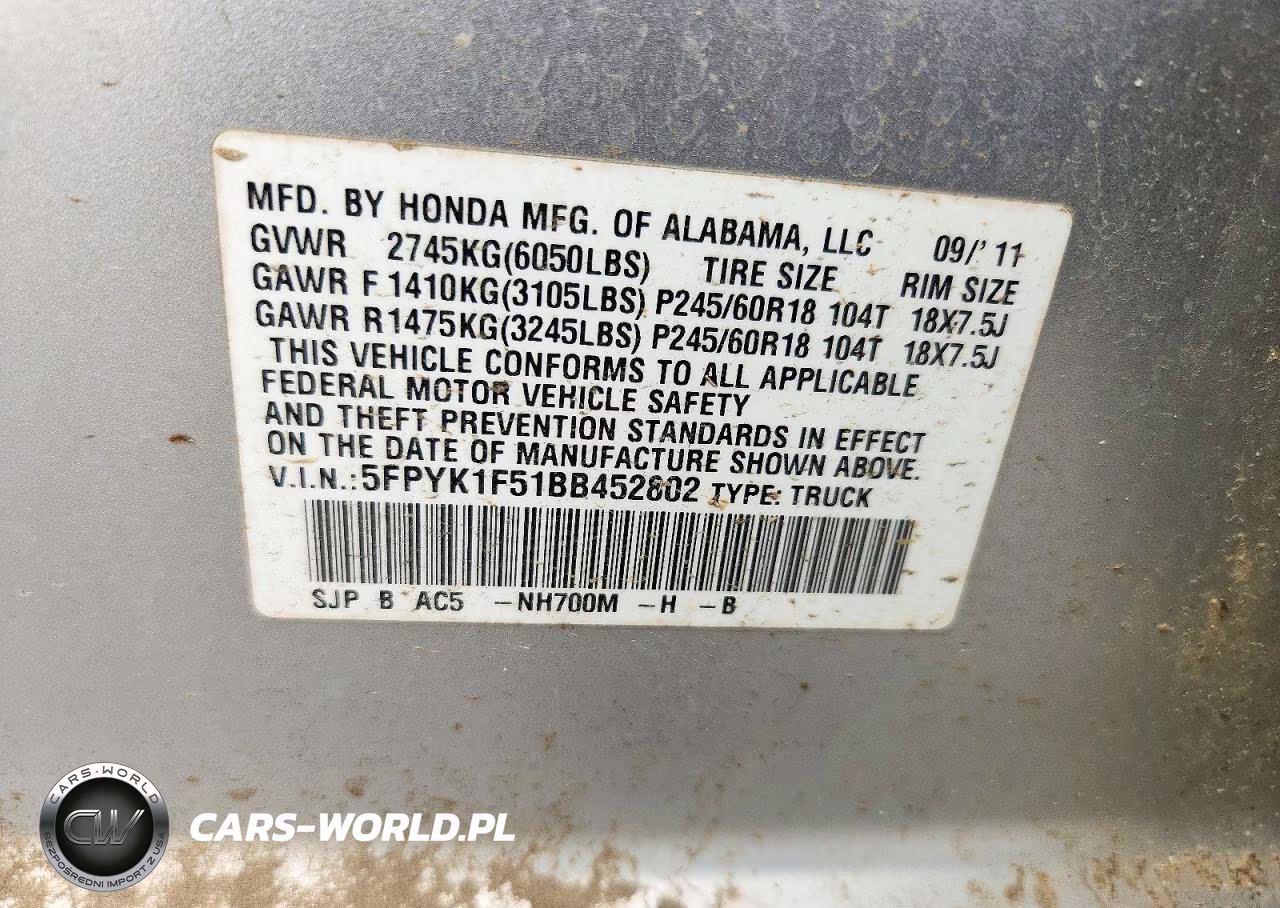 2011 Honda Ridgeline Rtl VIN:5FPYK1F51BB452802 - 12
