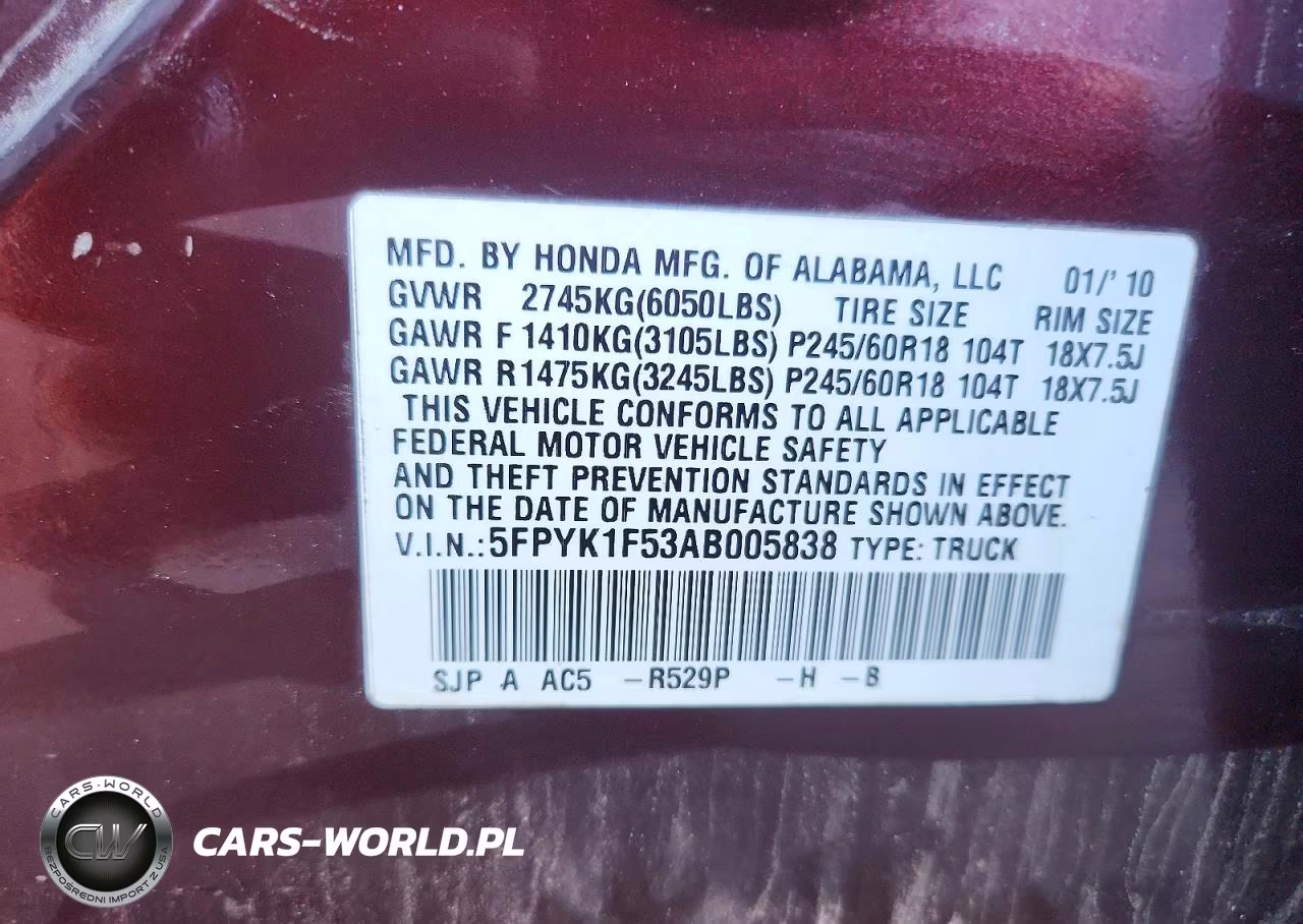 2010 Honda Ridgeline Rtl VIN:5FPYK1F53AB005838 - 12