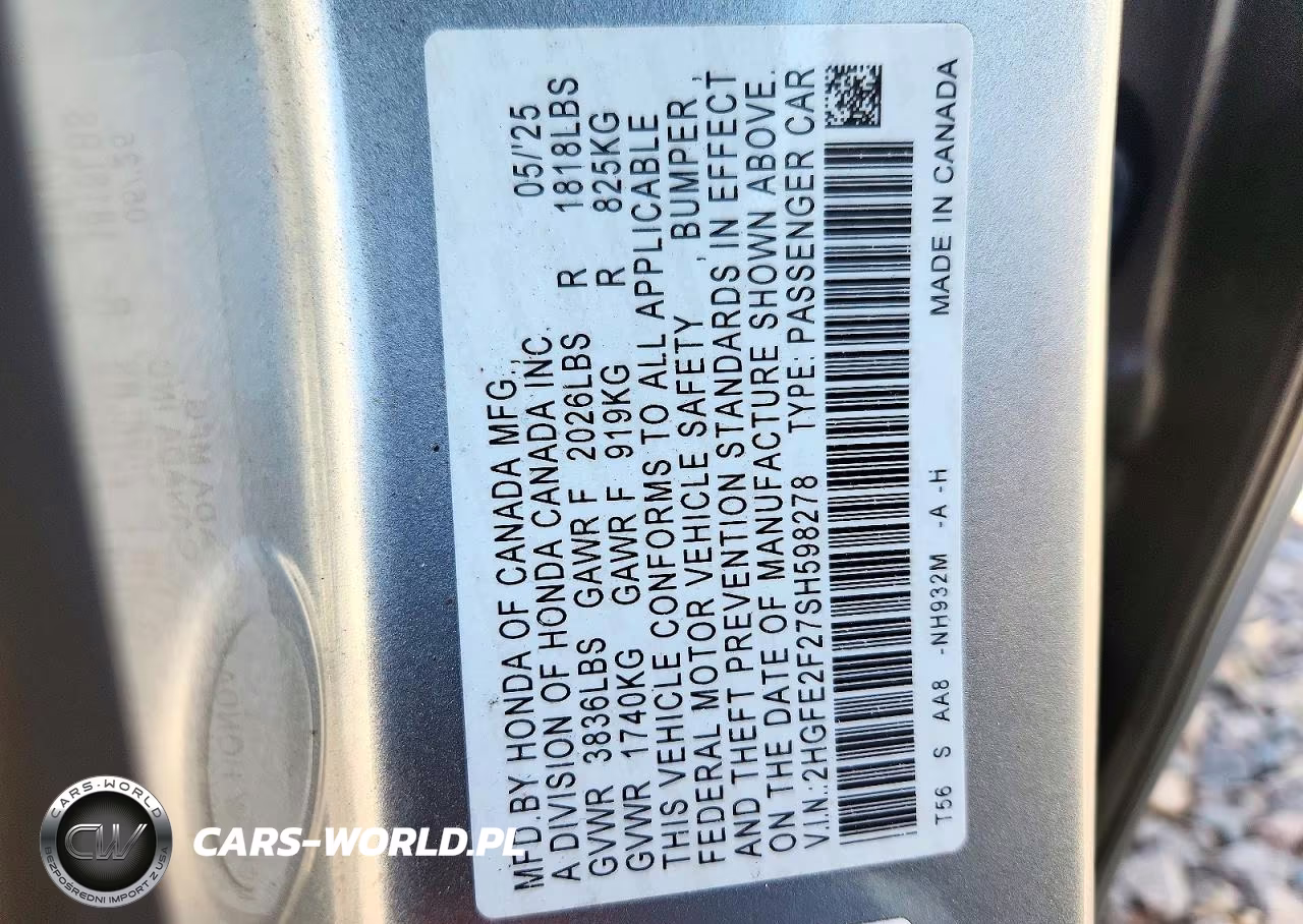 2025 Honda Civic Lx VIN:2HGFE2F27SH598278 - 12