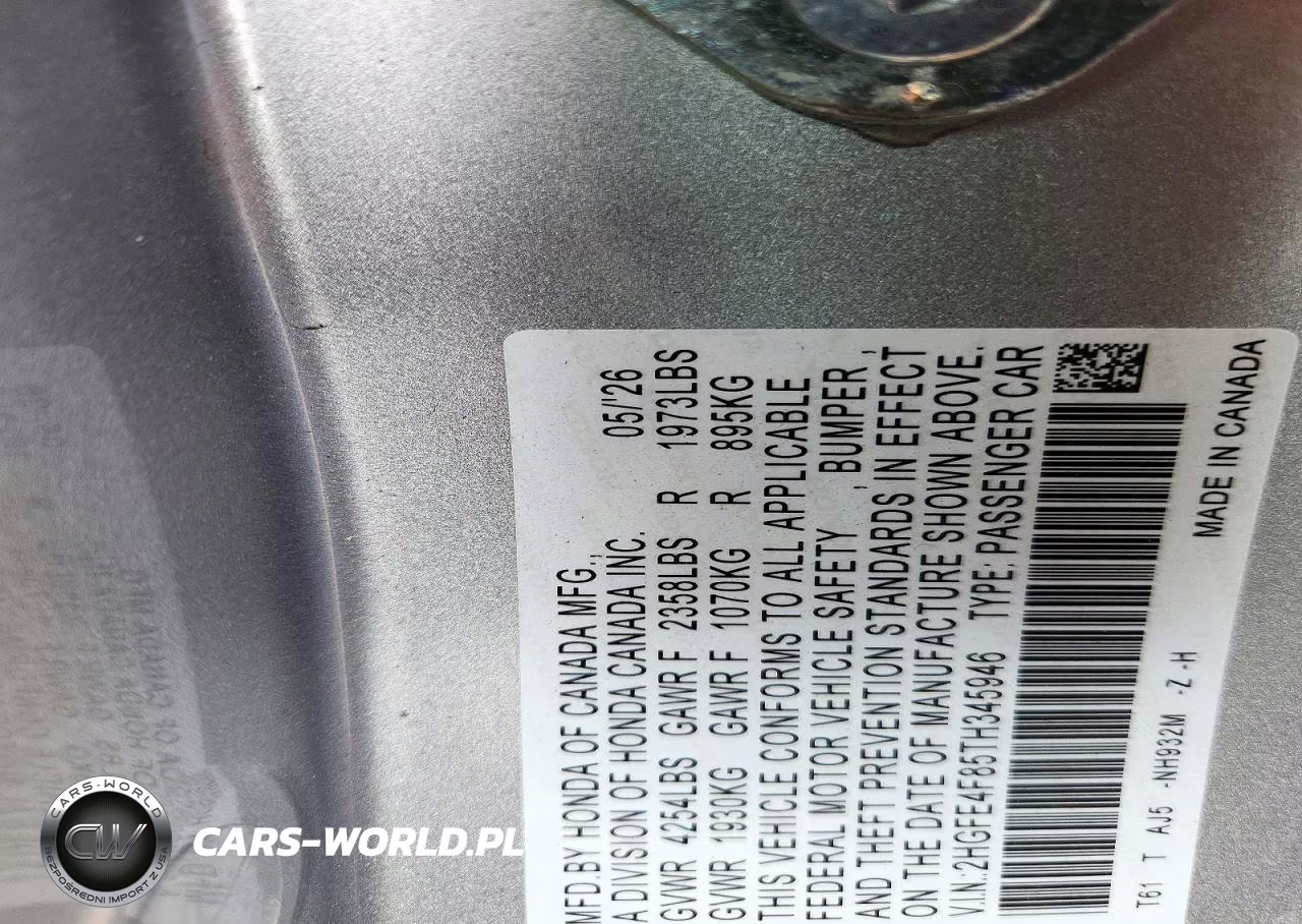 2026 Honda Civic Sport VIN:2HGFE4F85TH345946 - 12