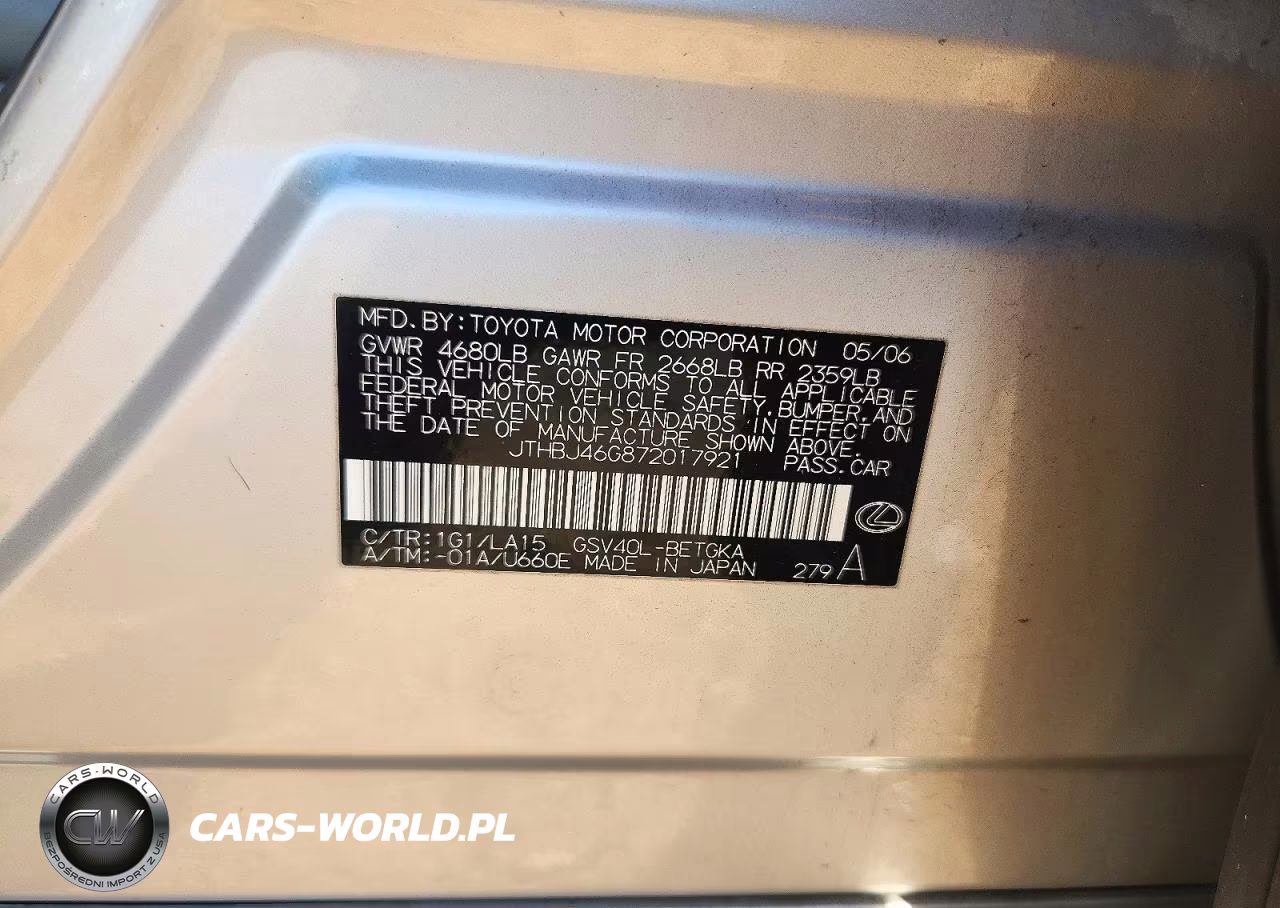 2007 Lexus Es 350 VIN:JTHBJ46G872017921 - 12