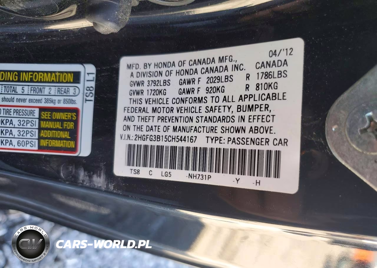 2012 Honda Civic Exl VIN:2HGFG3B15CH544167 - 13