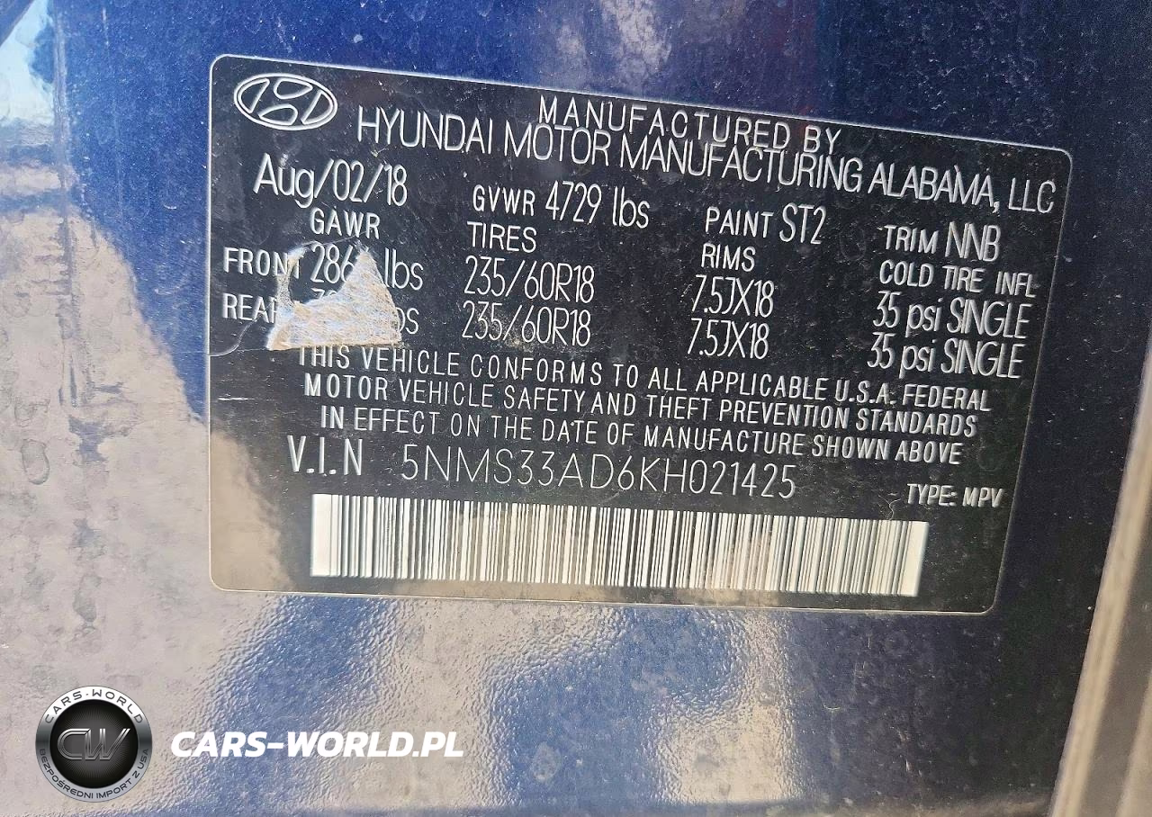2019 Hyundai Santa Fe Sel Plus 2.4L VIN:5NMS33AD6KH021425 - 13