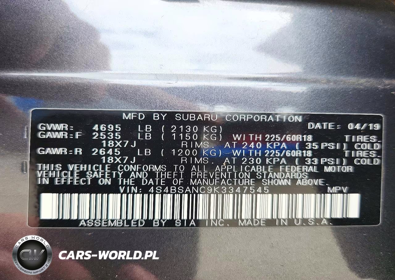 2019 Subaru Outback 2.5I Limited VIN:4S4BSANC9K3347545 - 13