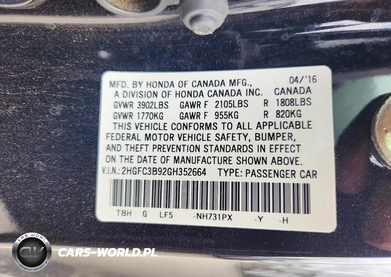 2016 Honda Civic Touring VIN:2HGFC3B92GH352664 - 12